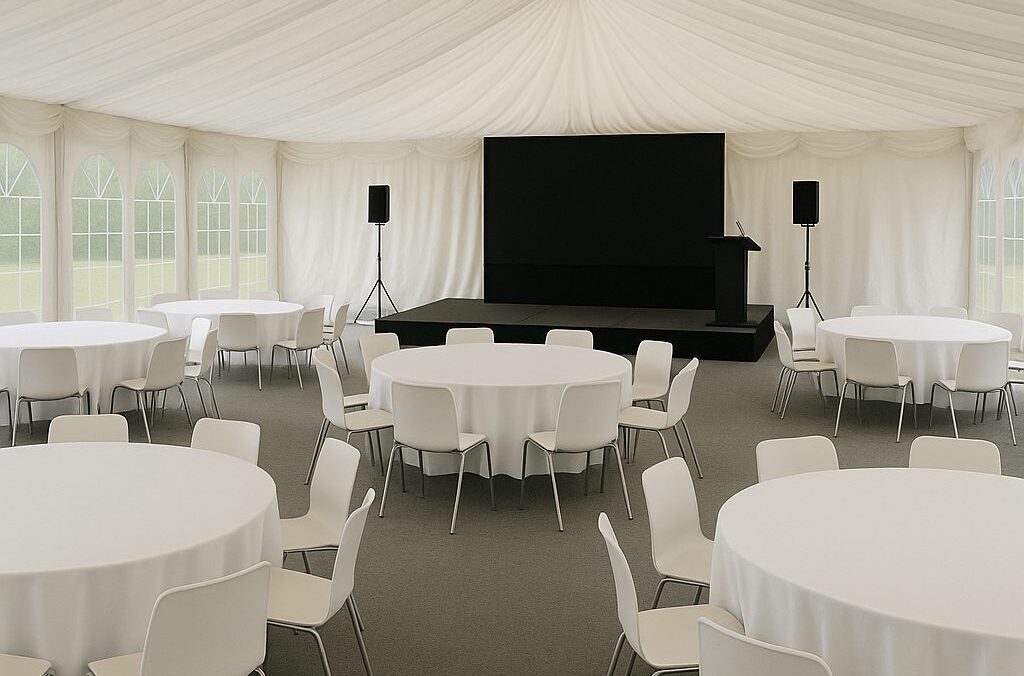 Corporate marquee hire setup for a keynote speech with audio-visual equipment and seating