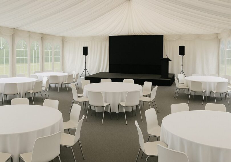 Corporate marquee event for a keynote speech with audio-visual equipment and seating