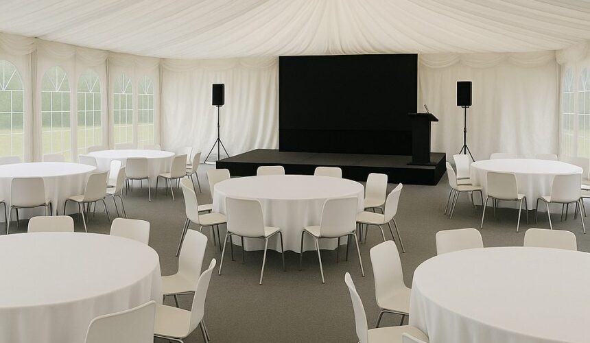 Corporate marquee hire setup for a keynote speech with audio-visual equipment and seating