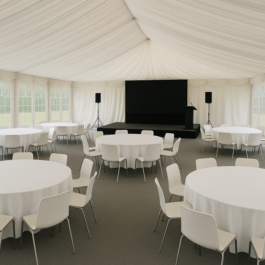 Corporate marquee hire setup for a keynote speech with audio-visual equipment and seating